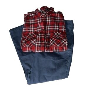 Eddie Bauer Flannel Plaid Shirt Blue Chino Pants Women's Outfit XL 14 Outdoor